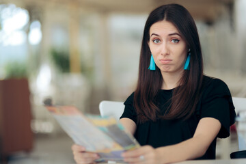 Distrustful Woman Reading Bad News in a Magazine 