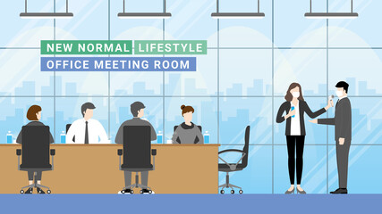 Fototapeta na wymiar Business meeting lifestyle. New normal is Social distancing, Wearing a mask, Temperature checkpoint, and Hand sanitizing. 