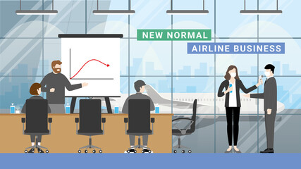 Fototapeta na wymiar The airline business problem-solving meeting lifestyle after pandemic COVID-19 coronavirus. New normal is Wearing a mask, Temperature checkpoint, and Hand sanitizing.