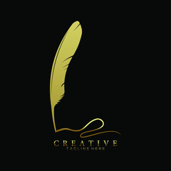 feather pen logo gold vector design template