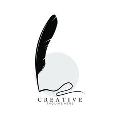 feather pen logo silhouette with circle light grey vector design template