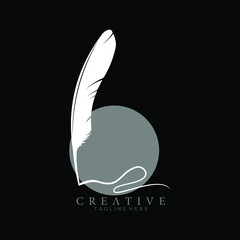 feather pen logo white with circle dark grey vector design template
