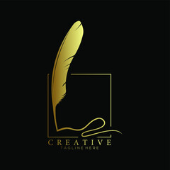 feather pen logo gold with square line vector design template