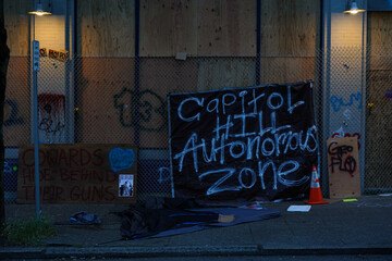 A makeshift sign for the Capitol Hill Autonomous Zone (CHAZ) that formed in Seattle, WA during June...