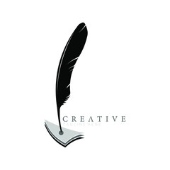 feather pen logo silhouette with 3 Layered arrowheads vector design template
