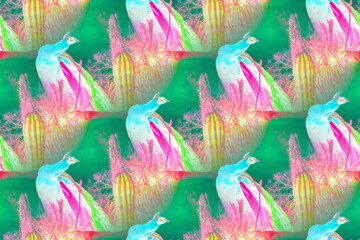 Fototapeta na wymiar Peacock pastel seamless print, pattern, pink, aqua, green, emerald
