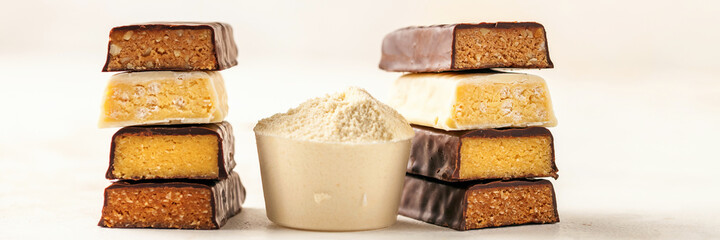 Different Energy protein bar on light background.