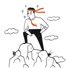 Hand drawn a man with his necktie tie on his head doing a successful post