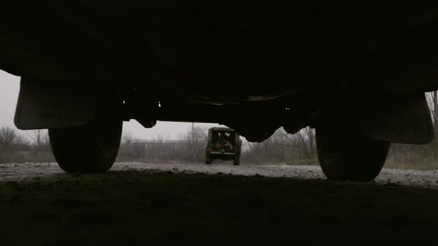Military jeep in the road