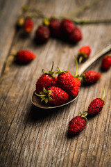 Red ripe wild strawberry in old vintage spoon on the rustic background. Selective focus. Shallow depth of field.