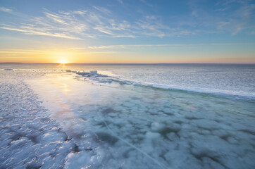 Winter landscape. Ice on water surface.