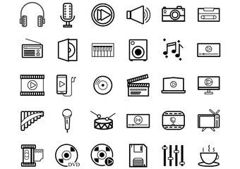 Music and Entertain icons set.Set of 30 icons for sound  such as cup of Coffee,Tv, equalizer,CD,DVD,computer,music note, loudspeaker.Vector voice and melody concept.