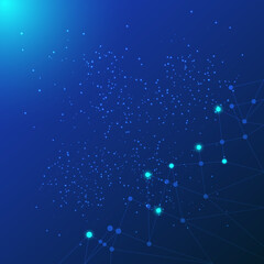 Abstract Technology background concept with light particle in universe spcae on light blue background. Line And Dots connected by network on world wide. Futuristic template of communication wallpaper.