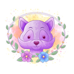 Racoon cartoons with flower frames with watercolor backgrounds