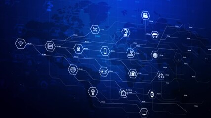 Internet of things icons in a hexagon shape with connection line, for cyber futuristic network and innovation concepton the dark background, shallow depth of field effect with dark and grain processed - Powered by Adobe