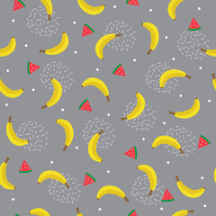 seamless pattern banana and watermelon fruit with grey background