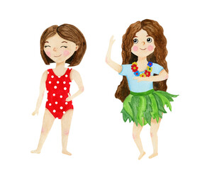 Girls, marine-style brunettes in a swimsuit and skirt, have fun on the beach. Children's watercolor illustration on a white background.