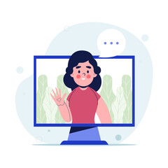 Young girl communicating through video call on computer. Flat vector illustration
