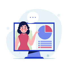 Online business woman meeting presentation. Flat vector illustration