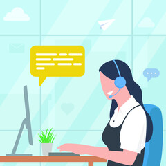 Customer service. Woman with headphones and microphone with laptop. Concept illustration for support, assistance, call center. Vector illustration in flat style