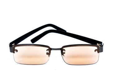 Pink health glasses, black glasses frames, isolated on white background 