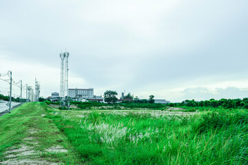 Fototapeta na wymiar Green fields with modern factory buidling for green industry concept