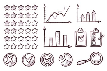 Business rating icon. Ranking star, investment check-list plan strategy, percentage arrow graph and diagram, loupe, round check mark illustration. Vector sketch rating set isolated on white background