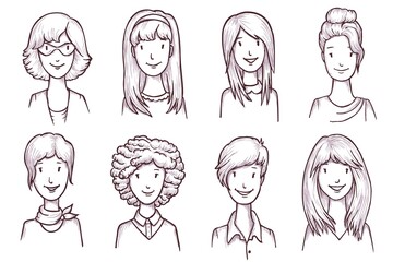 Woman sketch avatar. Fashion woman with different hairstyle sketch portrait. Vector female face icon. Beautiful girl set isolated on white background. Hand drawn doodle avatar bundle illustration
