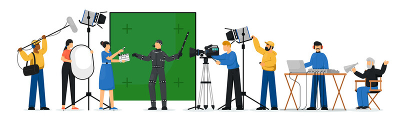 Movie production scene. Isolated film production people crew making movie. Film director man, actor person, camera operator shooting, lighting technician woman, sound designer vector illustration - obrazy, fototapety, plakaty