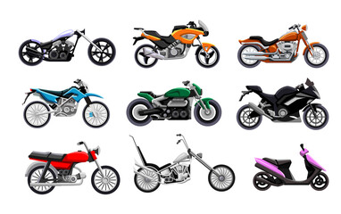 Fototapeta na wymiar Motorbike icon set. Isolated motorcycle, scooter, chopper and sport bike icon collection. Motor transport, motorbike design vector illustration