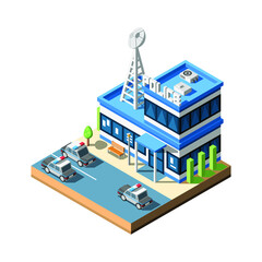 Isometric 3D Police Station Building With Cars Vector Design Style