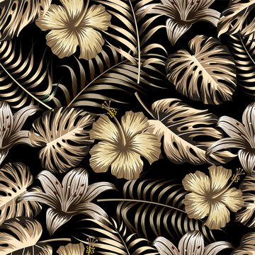 Gold floral seamless pattern with leaves. tropical background