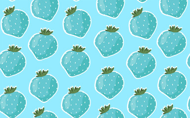 Vector seamless pattern with blue strawberries on a blue background. Repeating illustration for web and fabric design. Cartoon hand drawn style. For wallpaper and social media design