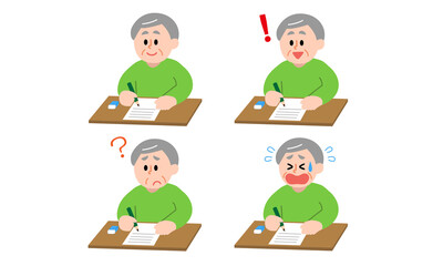 テスト・試験を受けるシニア男性セット（シンプルカラー）