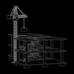 Building under construction with crane. Build house construct in process. Wireframe low poly mesh vector illustration