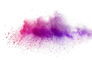 Abstract powder splatted background. Purple powder explosion on white  background. Colored cloud. Colorful dust explode. Paint Holi.