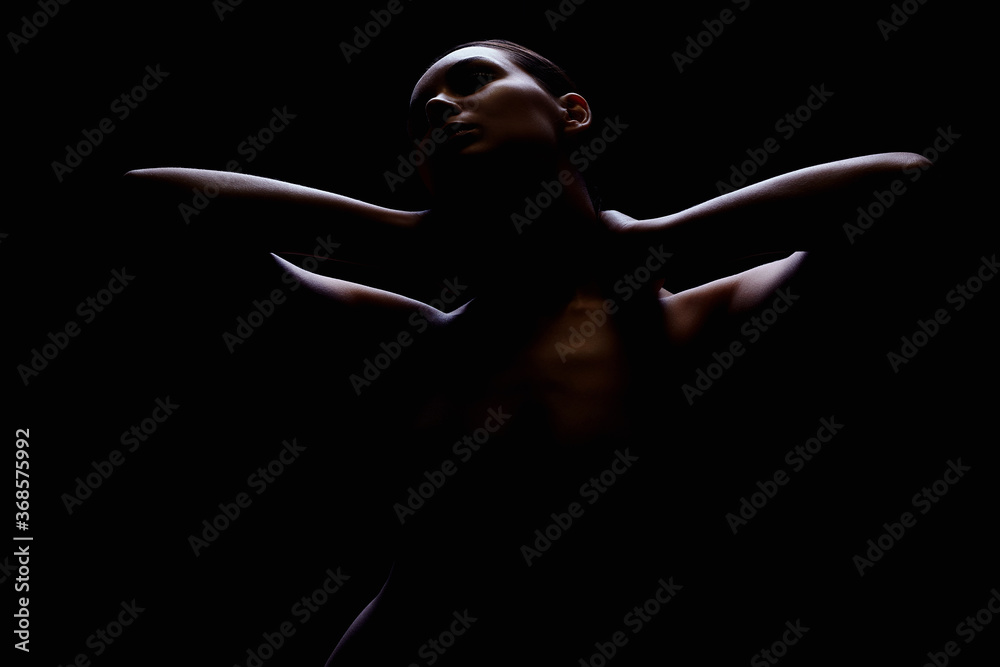 Wall mural Nude Woman silhouette under light in the dark