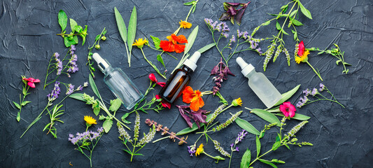 Bottle with herb essential oil