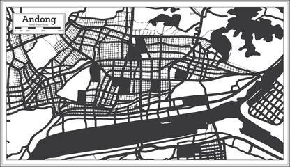 Andong South Korea City Map in Black and White Color in Retro Style.
