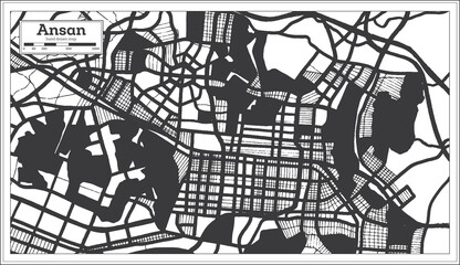 Ansan South Korea City Map in Black and White Color in Retro Style.