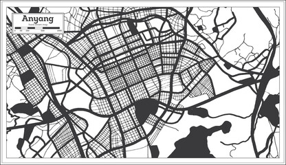 Anyang South Korea City Map in Black and White Color in Retro Style.