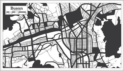 Busan South Korea City Map in Black and White Color in Retro Style.