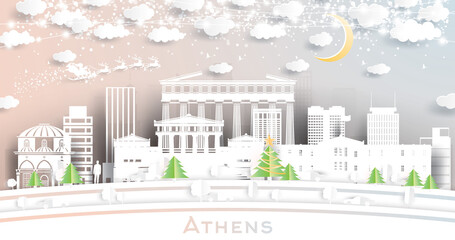Athens Greece City Skyline in Paper Cut Style with Snowflakes, Moon and Neon Garland.