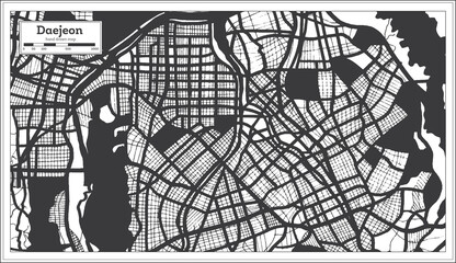 Daejeon South Korea City Map in Black and White Color in Retro Style.