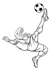 A dinosaur T Rex or raptor soccer football player cartoon animal sports mascot kicking the ball