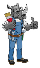 A rhino painter decorator cartoon animal mascot holding a paintbrush