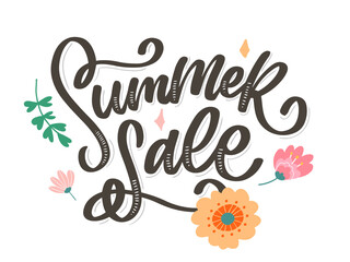 Trendy floral vector template. Summer flowers and Summer sale lettering illustration.