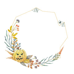 Halloween holiday wreath. Hand drawn watercolor illustration. Will decorate your holiday, suitable for postcards, posters, invitations.