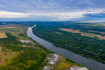 Obraz premium Famous Don River at sunrise with drone and wheat fields