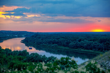 Raft on the Don River during a beautiful sunset in the Voronezh region Russia